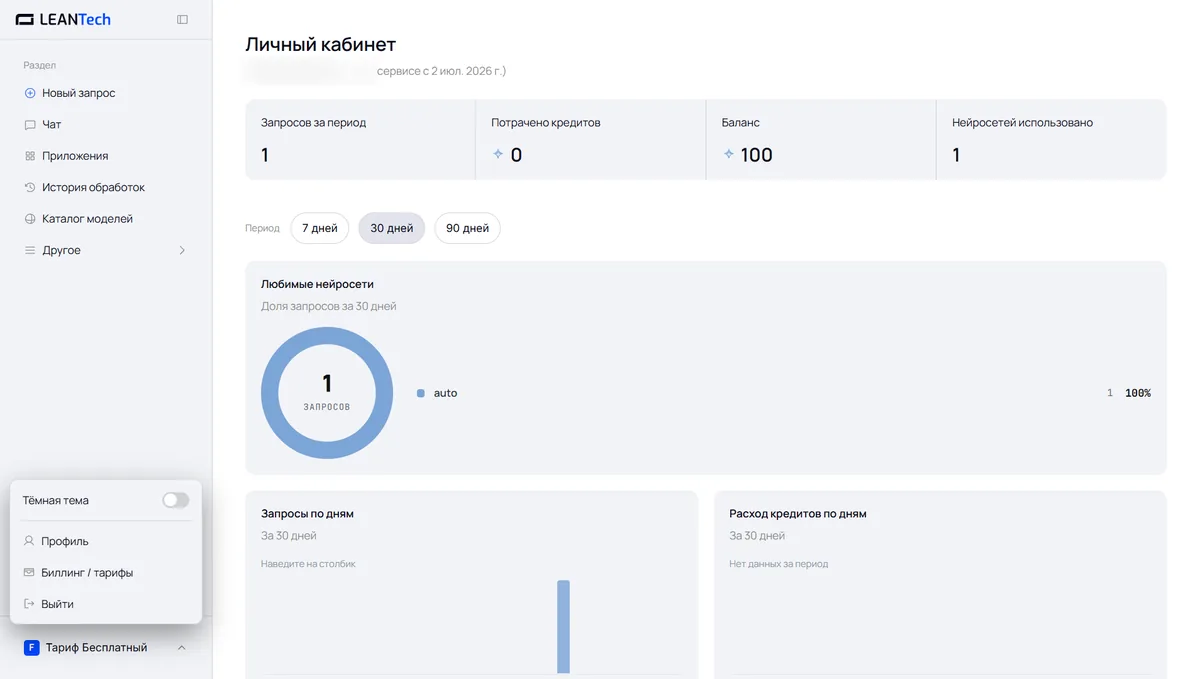 Главный экран LeanTech AI: баланс, модели и первая задача