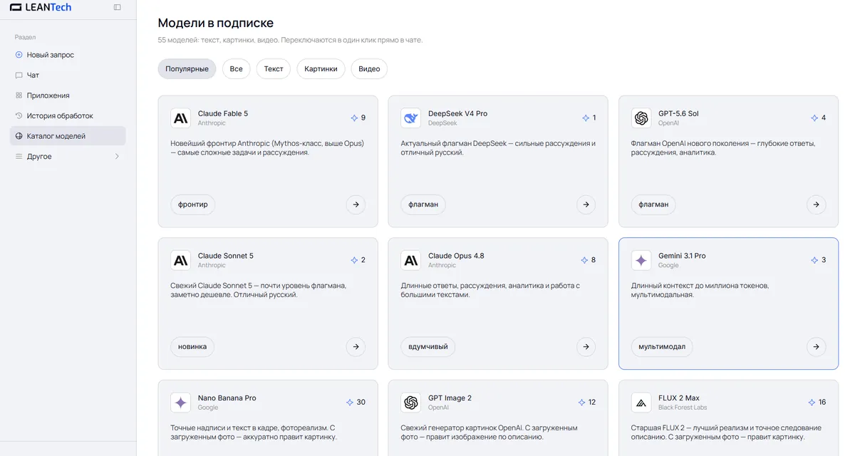 Сетка моделей LeanTech AI для сравнения на одинаковых задачах